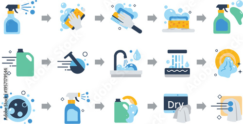 Cleaning process steps set with washing scrubbing rinsing and drying, household hygiene workflow collection vector illustration