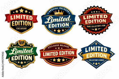 Collection of limited edition badges and labels in various styles, representing exclusive products and rare collector's items