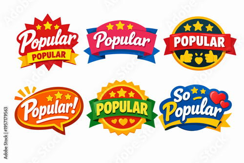 Colorful labels with stars, hearts, and thumbs up icons highlighting popularity for products and services