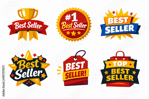 Best seller badges collection with award ribbons, pricing tags, and top product marketing labels