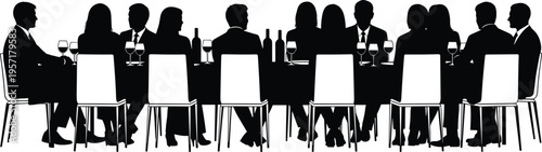 Business dinner silhouettes, corporate people sitting at table with wine glasses, networking event, social gathering and professional meeting concept design