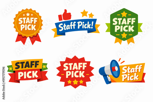 Staff pick badges set, including different shapes and colors, for highlighting excellent product recommendations
