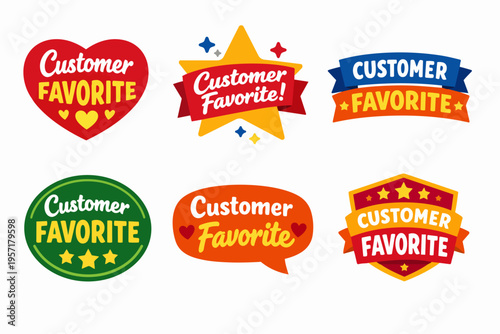 Customer favorite labels set with stars, hearts, and ribbons, promoting best-selling products in retail and e-commerce