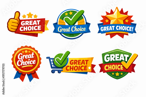 Collection of great choice labels, quality guarantee badges, best product selection, and recommendation seals
