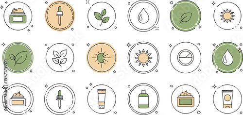 Natural skincare icons set with organic cosmetic ingredients SPF hydration and serum concepts, beauty care collection vector illustration