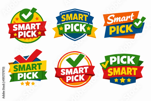 Smart pick badges and labels set for product selection, quality certification, recommendation, and best choice mark