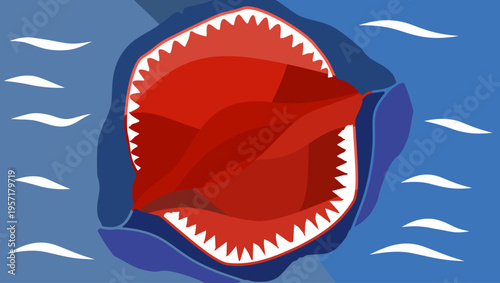 Open jaw of shark, flat color vector illustration