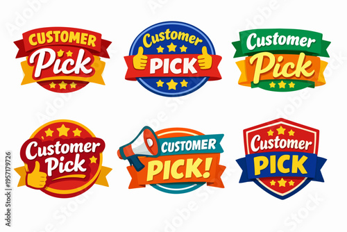 Customer pick badges and seals collection with text, rating stars, thumbs up, and megaphone promoting best choice products