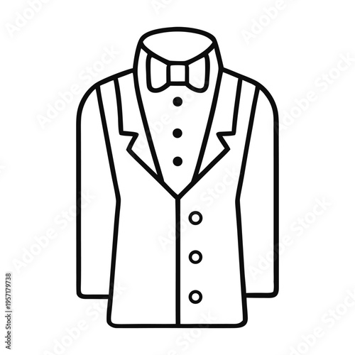 A sharp waiter suit with crisp white shirt, tailored black jacket, and matching trousers, exuding professionalism and elegance for flawless service.
