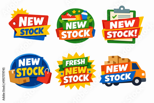 New stock marketing labels and banners creating concepts for retail promotions, product arrivals, and delivery services