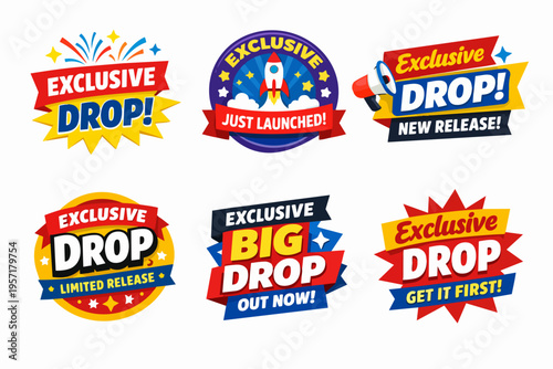 Exclusive drop big release badges set, just launched new collection, limited offer and get it first stickers