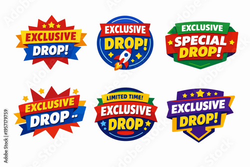 Colorful exclusive drop labels and special offer badges with stars and rockets, announcing new limited time promotions