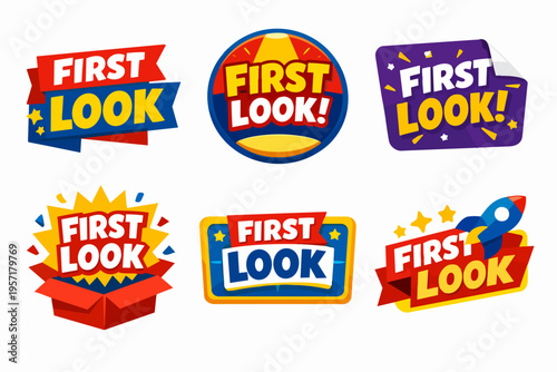 Set of colorful first look badges and stickers, perfect for unveiling new products, promotions, and marketing campaigns
