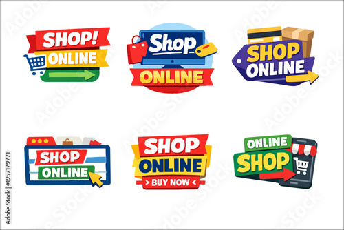 Shop online badges set featuring shopping carts, computers, credit cards, and smartphones for e-commerce promotions