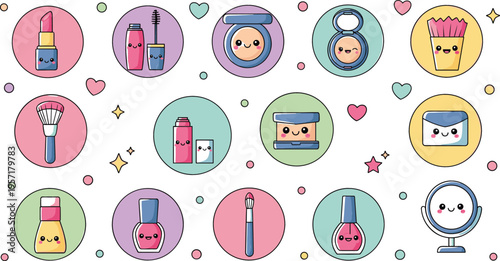 Cute kawaii makeup icons set with lipstick mascara powder mirror and nail polish, adorable beauty collection vector illustration