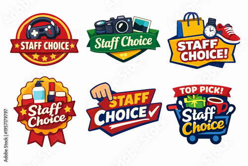 Staff choice and top pick badges set for marketing, retail, and shopping recommendations, promoting popular products