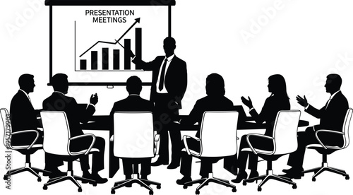 Business presentation meeting with team, leader explaining growth chart, corporate strategy discussion, conference room collaboration, professional teamwork concept illustration