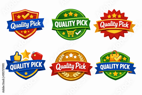 Quality pick insignia set with badges, stamps, labels, award emblems, and shopping symbols