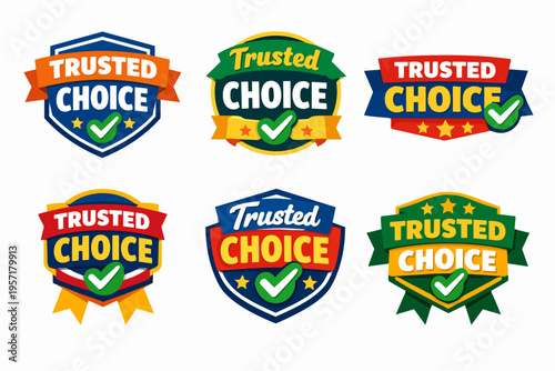 Trusted choice badges in various designs, featuring checkmarks and stars, representing quality, guarantee, and customer loyalty