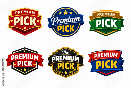Premium pick badge and label collection representing quality, guarantee, and best choice for product marketing