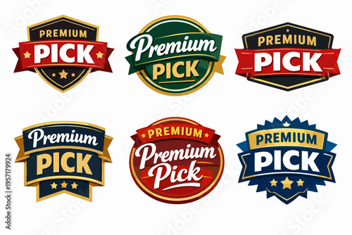 Collection of stylized premium pick badges and labels. Design elements for best choice products and top quality assurance