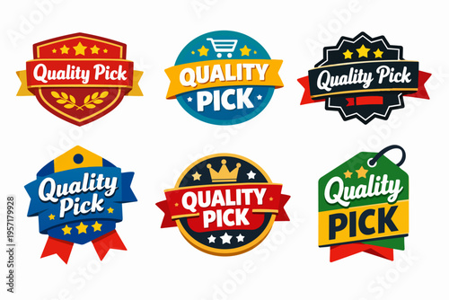 Quality pick badges and labels collection displaying best product choice, top selection, and premium offer seals