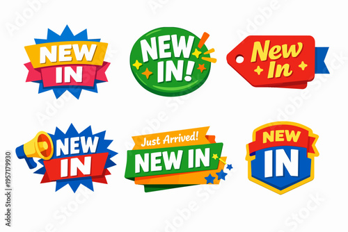 New in advertising banners with promotional stickers and arrival marketing tags for product launch