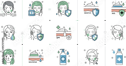 Skincare treatment icons set with sensitive skin SPF protection and repair concepts, dermatology care collection vector illustration
