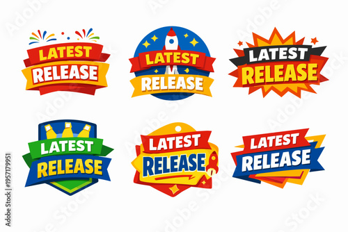 Latest release badges set, announcing new product launches and special offers with modern colorful labels