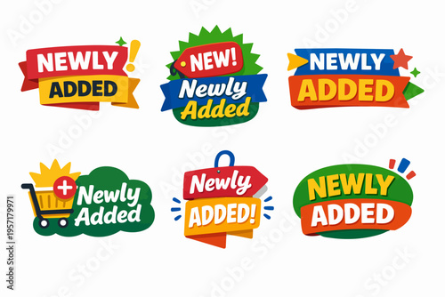 Newly added labels collection displaying new product announcements, shopping badges, and promotional stickers set