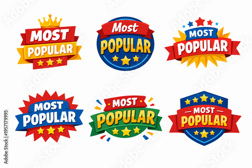 Most popular badges collection, best choice product label, top rating banners set or trending design elements