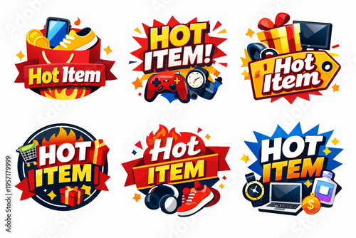 Hot item promotion badges set, advertising new products and best selling merchandise, marketing labels for e-commerce stores