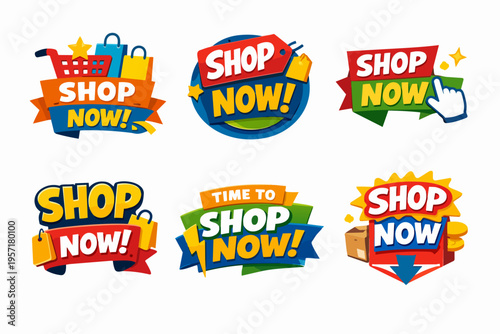 Collection of colorful shop now vector badges and labels promoting e-commerce sales and retail offers