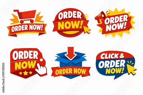 Collection of order now labels and stickers for online shopping, e-commerce, and fast delivery promotions