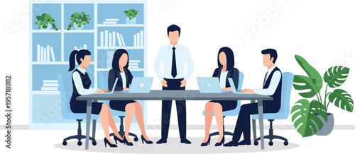 Business team meeting with manager leading discussion, office collaboration, professional teamwork, corporate planning session, modern workplace concept illustration scene