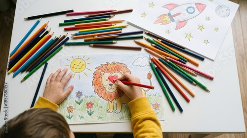 child's hands drawing a colorful lion and a red heart with colored pencils on a rustic white wooden table, surrounded by scattered pencils and creative artwork.
