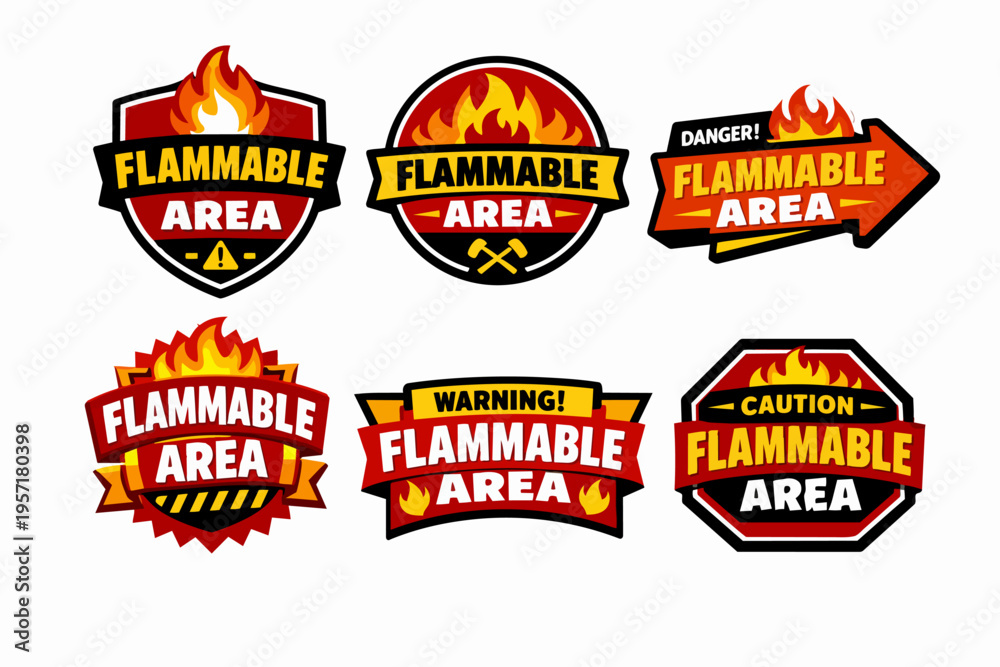 Naklejka premium Flammable area warning signs set featuring various designs with fire symbols, danger, and caution labels for safety
