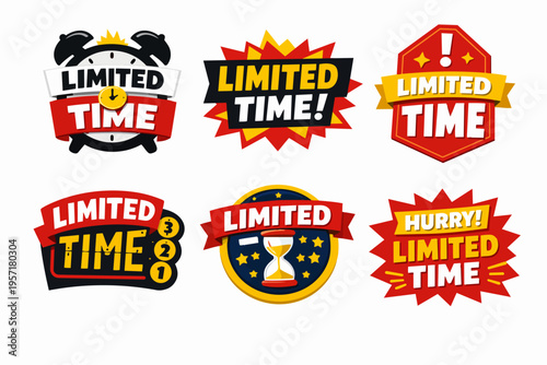 Limited time promotional banners and sale badges set, communicating urgency for marketing discounts and special offers