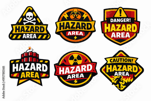 Hazard area warning signs collection for restricted access and dangerous zones, including toxic, biohazard, and radioactive symbols