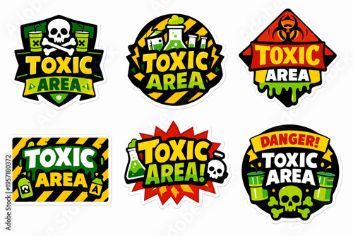 Collection of toxic area warning labels and hazardous danger signs with skull, biohazard, and chemical symbols