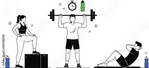 Fitness workout illustration set, strength training, weightlifting and abs exercises, gym lifestyle, healthy routine, sports activity vector design