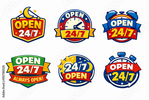 Open 24/7 service labels and always open signs, depicting continuous business hours with clock, sun, and moon icons