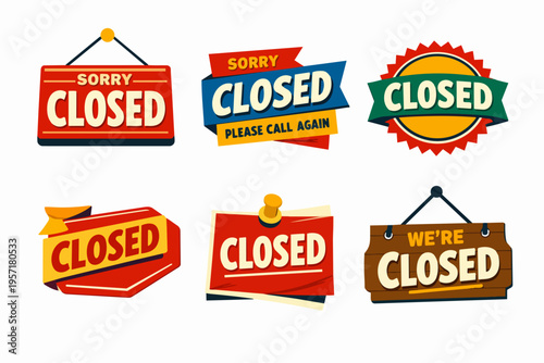 Collection of closed store signs and banners, indicating temporary shop closure or business service ending