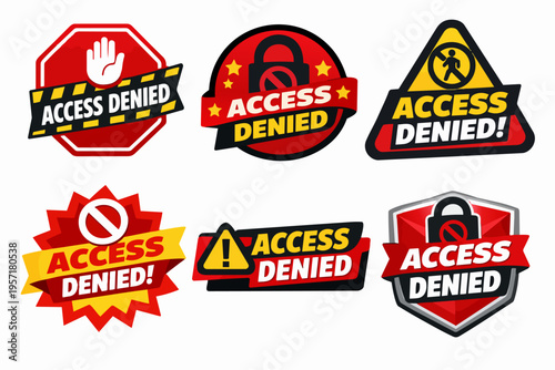 Collection of access denied labels and icons conveying security, privacy, blocked content, warnings, and restricted digital access