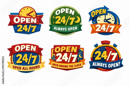 Collection of flat style 24/7 open service badges and labels, always available around the clock signs