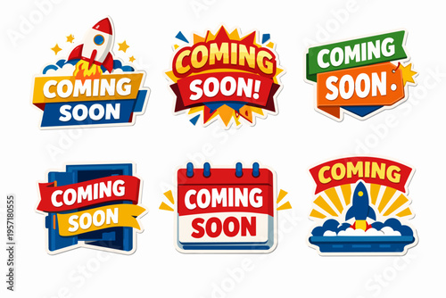 Coming soon sticker collection with promotional banners, launch rockets, and calendar revealing new product anticipation