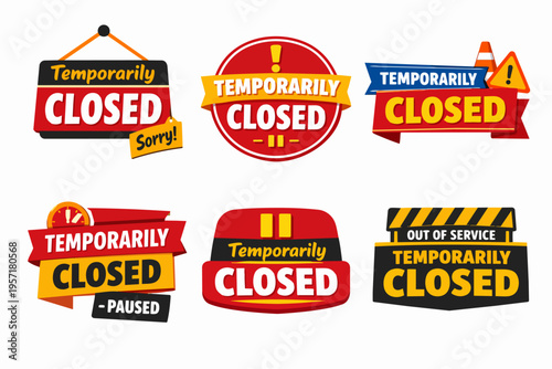 Temporarily closed signs collection, indicating store unavailability, services paused, or out of service status