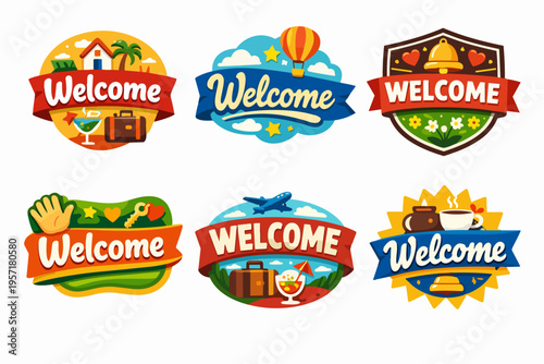 Welcome badges set for tourism, hospitality, and travel industry, offering guest greetings and hotel icons