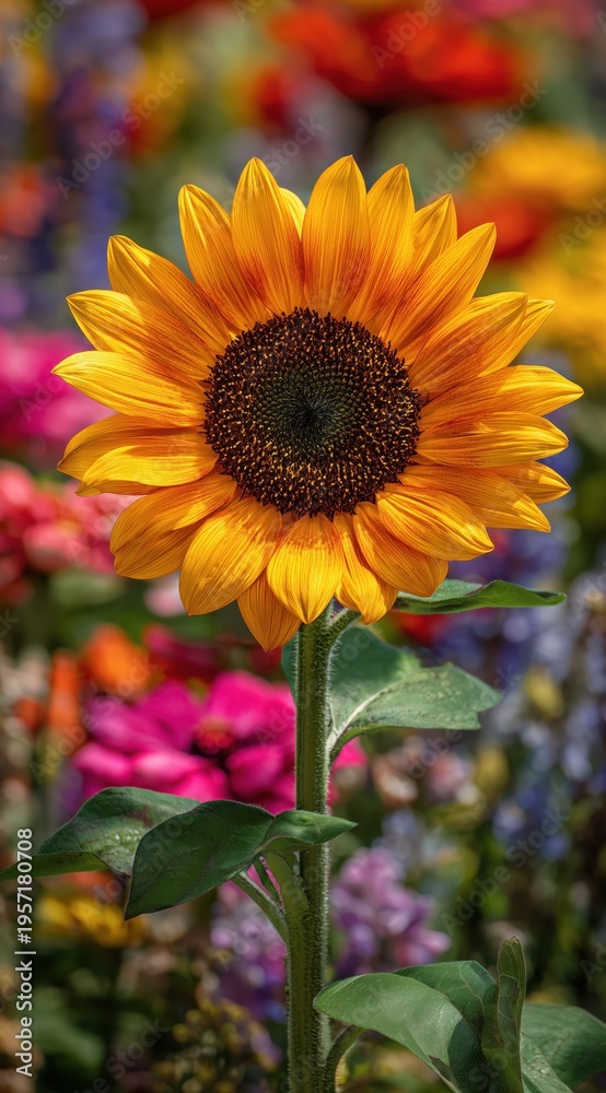 Obraz premium Bright sunflower standing tall among colorful flowers in a vibrant garden during sunny weather