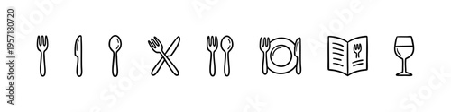 Minimal utensil icons: spoon, fork, knife, and crossed cutlery. Perfect for food, cooking, and restaurant visuals.